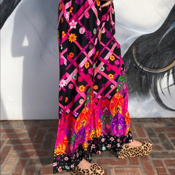 Vintage bellbottoms 1960s mod 79s boho neon floral print palazzo pants - Picture 4 of 5